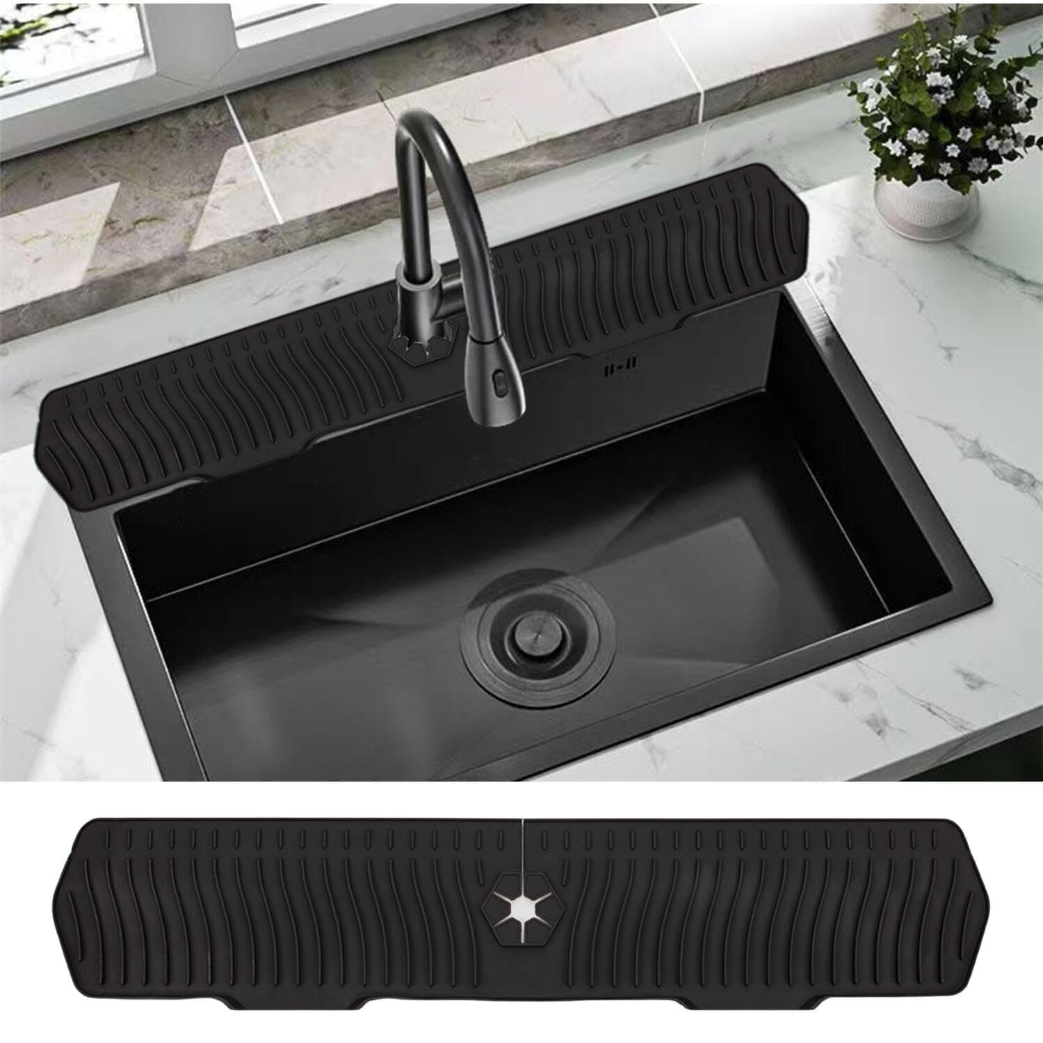 30 Inch Sink Splash Guard, Large Size Kitchen Sink Splash Guard, Longer Silicone Faucet Handle Drip Catcher Tray for Kitchen Countertop, Bathroom, Farmhouse (Black)