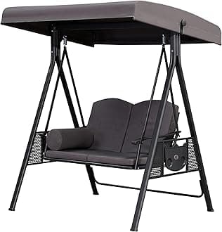 - PURPLE LEAF Outdoor Patio Porch Swing with Stand, 2-seat Swing Chair with Adjustable Tilt Canopy All-Weather Steel Frame for Backyard Front Porch Lawn, Cushions and Pillow Included, Grey