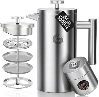 Coffee Gator 304 Grade Stainless Steel French Press Coffee Maker 34 oz, Double Wall Insulated Teapot with 4-Level Filtration System, Include Travel Jar Canister, Rust-Free, Dishwasher Safe, Silver