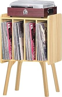 LELELINKY Small Record Player Stand - Width 11.7 in, Natural Vinyl Record Storage Table with 4 Cabinet Up to 80 Albums, Vinyl Holder with Wood Legs,Turntable Stand Display Shelf for Living Room