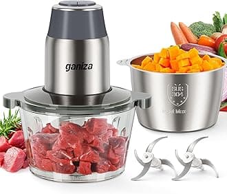 GANIZA Food Processors, Electric Food Chopper with Meat Grinder & Vegetable Chopper - 2 Bowls (8 Cup+8 Cup) with Powerful 450W Copper Motor - Includes 2 Sets of Bi-Level Blades (Grey)
