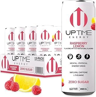 Energy Drink, Raspberry Lemon Sparkling, 12 Pack, Vitamin C, L Theanine, Calcium, Sugar Free Energy Drinks for Focus Support, 142mg of Natural Caffeine, 5 Calories, Natural, 12 fl oz Cans
