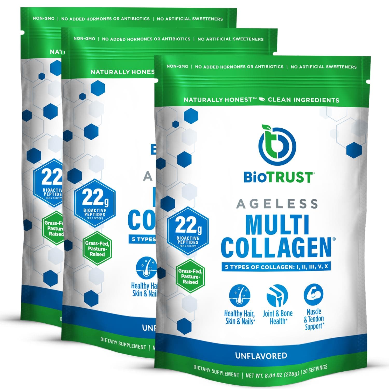 BioTrust Ageless Multi Collagen Peptides Powder – 5 Types (I, II, III, V, X) – Unflavored Collagen Powder for Women & Men – Hydrolyzed Protein – Grass Fed Beef, Fish, Chicken, Eggshell Membrane, 3-pk