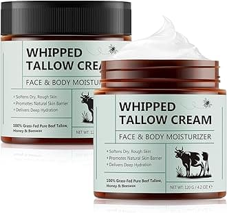 Whipped Beef Tallow for Skin - 100% Grass Fed Pure Beef Tallow with Honey, Natural Moisturizing Cream for Face and Body, Deep Hydration Softens Dry Skin, Nourishing Tallow Cream 4.2 Oz (2 Packs )