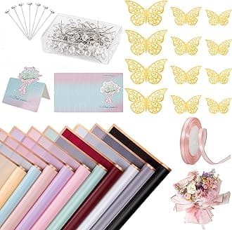 20 Sheets Flower Wrapping Paper Bouquet Wrapping Paper Waterproof with 10 Pcs Greeting cards, 12PCS 3D Gold Butterfly Decor, 50 pearl pins, 24 Yards Satin Ribbon for Wedding DIY Craft Party 10 colors