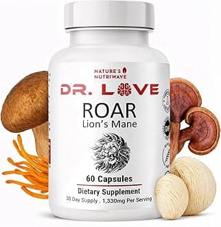 Dr. Love Roar Lion’s Mane Mushroom Supplement – Plant-Based Formula with Cordyceps, Reishi & Shiitake – Vegan, Gluten-Free, GMP Certified, Made in USA – 60 Capsules, 1 Month Supply