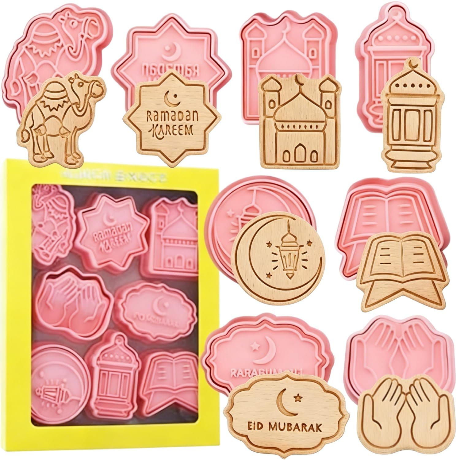 Crethinkaty Eid Mubarak Cookie Cutters-8 Pieces Pressable Eid Mubarak Biscuit Cutters Set-3D Eid Element Cookie Stamps.