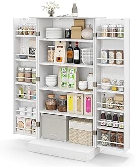 TANGZON Kitchen Cupboard, Kitchen Pantry Cabinet with Doors & Adjustable Shelves, Space Saving Larder Storage Cupboard Organiser for Dining Room Living Room Entryway (White, 60 x 40 x 120cm)