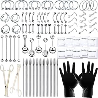 TKKUY 103PCS Piercing Kit for all Body Piercings Stainless Steel Piercing Jewelry with 12G 14G 16G 20G Piercing Needles and Tools for Nose Septum Belly Button Lip Ear Tongue Cartilage Eyebrow Tragus