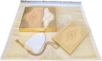 Decoret English Translate Thermo Leather Covered Quran, Tafta Prayer Mat, Pearl Breads and Luxury Gift Box 4 Pieces Set, Great Ramadan Gifts for Muslim Men and Women Gift (1 Sets, Gold)