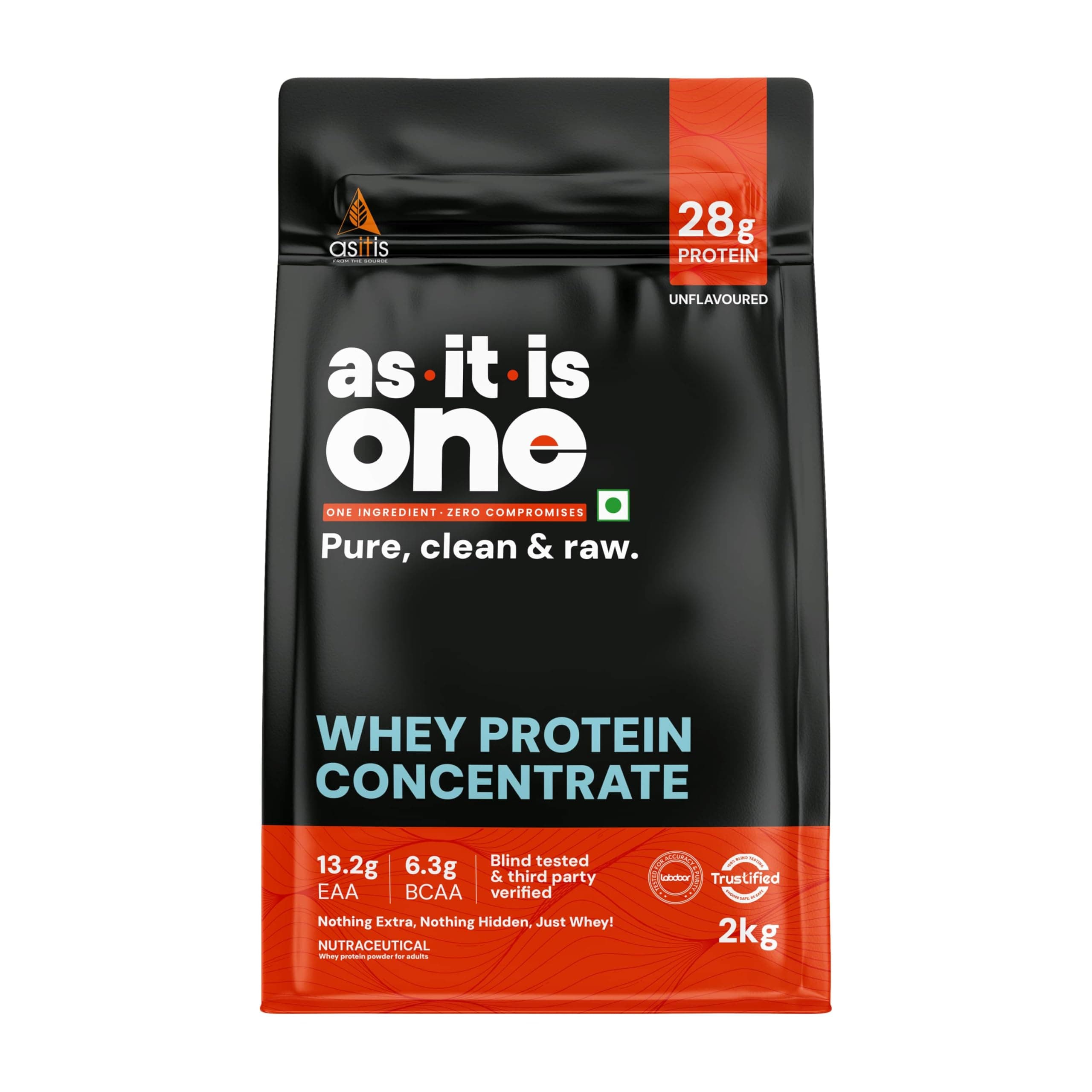 AS-IT-IS ONE Whey Protein Concentrate I Pure, Clean & Raw I 28g Protein per Serve, Unflavoured 2kg |Labdoor & Trustified Certified I No Amino Spike OR Heavy Metals I Protein for All Ages Adults