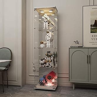 Beauty4U Glass Display Cabinet with LED Lights and Mirror, 4 Shelves, Curio Cabinets for Living Room, Bedroom, Office, White Floor Standing Glass Bookshelf, Quick Installation