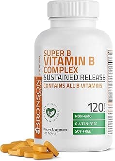 Bronson Super B Vitamin B Complex Sustained Slow Release (Vitamin B1, B2, B3, B6, B9 - Folic Acid, B12) Contains All B Vitamins 120 Tablets