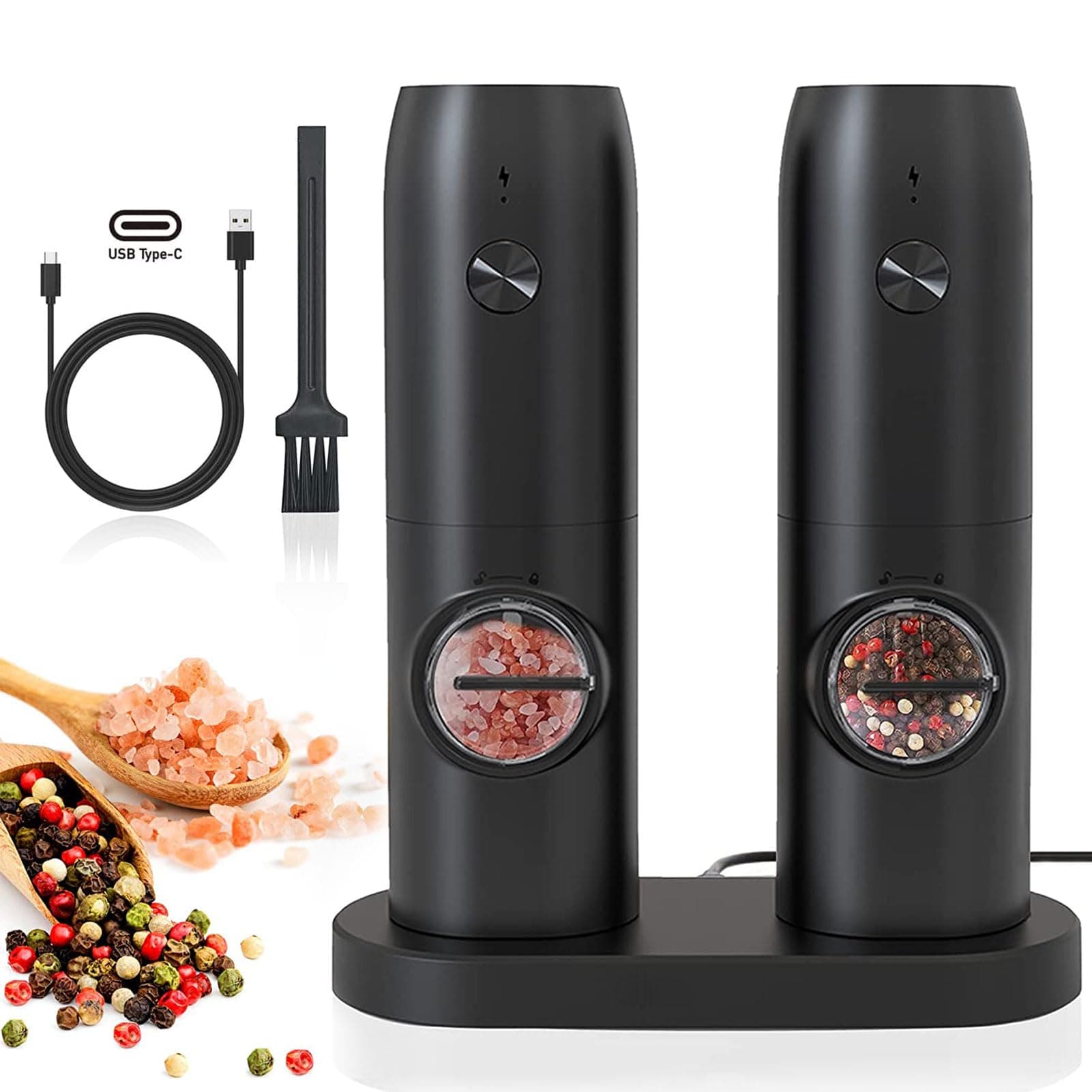 2 Pack Electric Salt And Pepper Grinder Set With LED Light, 5 Adjustable Coarseness, Type-C Rechargeable Automatic Pepper Mill With Charging Base, 70ml Large Capacity