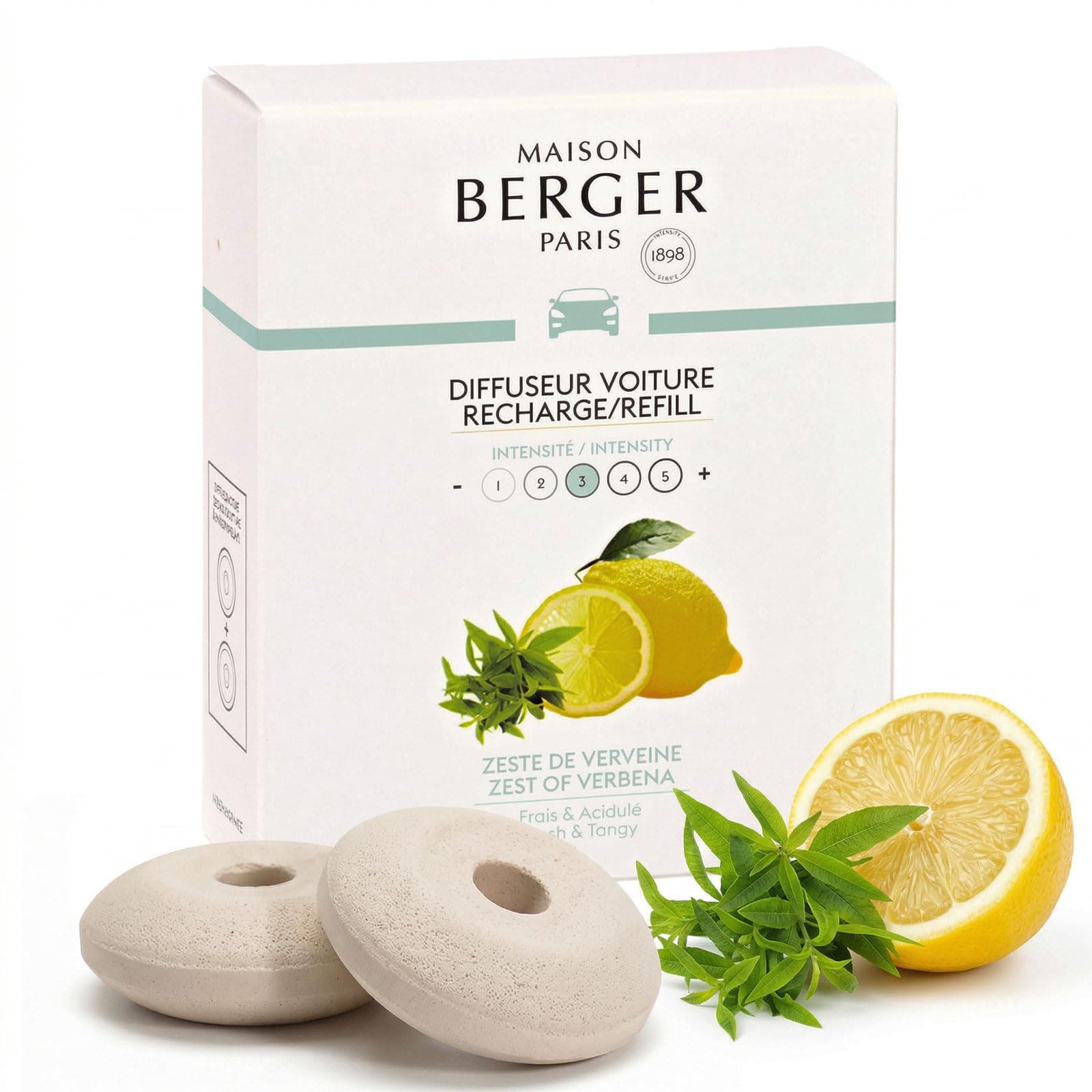 Luxury Car Diffuser Refill Set – Ceramic Inserts for Vent Clip Diffusers, 4-Week Passive Diffusion, Premium In-Car Fragrance Refill, Made in France (Zest of Verbena)