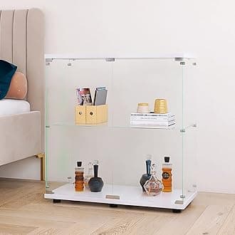 Beauty4U Glass Display Cabinet with 2 Shelves, 2 Doors Curio Cabinets for Living Room, Bedroom, Office, White Floor Standing Glass Bookshelf, Quick Installation