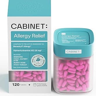 Cabinet: Diphenhydramine 25mg Allergy Relief Antihistamine Tablets for Allergies, Hay Fever, and Runny Nose, 120 Tablets w/Glass Jar (Starter Kit)