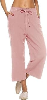 LNX Womens Linen Capri Pants Wide Leg High Waisted Drawstring Casual Cropped Pants with Pockets
