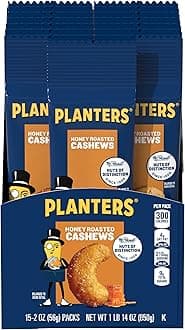 Deluxe Honey Roasted Whole Cashews, Party Snacks, Plant-based Protein, 2 oz Bags (Pack of 15)