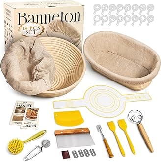 Sourdough Starter Kit, Banneton Bread Proofing Baskets Set, Sourdough Bread Baking Supplies Making Tools with Dough Scraper, Whisk, Bread Lame, Recipe