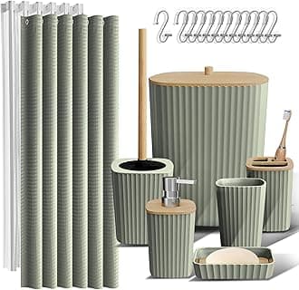 Clara Clark Bathroom Accessories Set - Bathroom Accessory Set with Shower Curtain Set, Toilet Brush, Trash Can & Soap Dispenser (Sage Green, Complete Set)