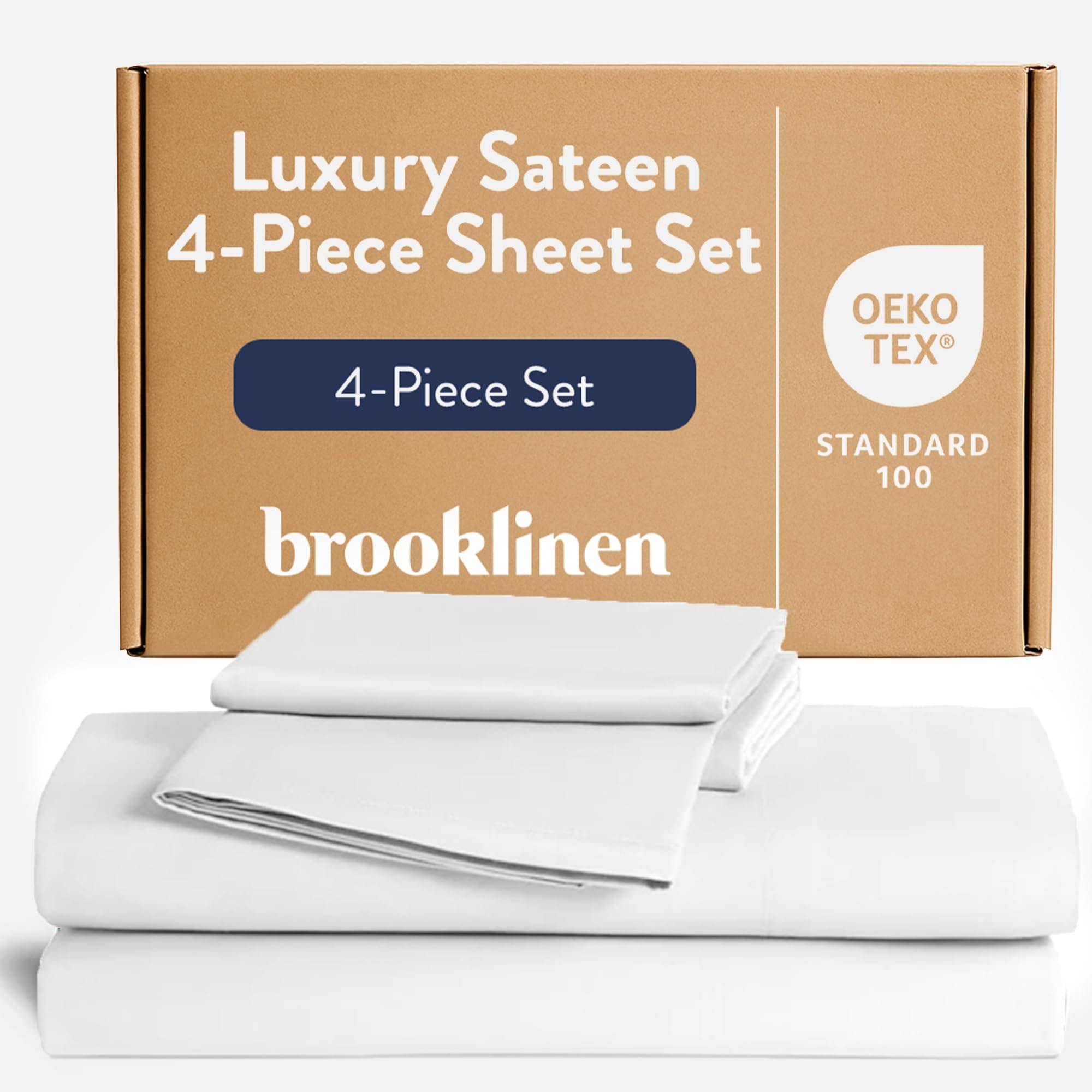 - Brooklinen Luxury Sateen 4 Piece Sheet Set - 100% Cotton Bed Sheets, Soft & Durable Piece King Size Sheets Set in White, Oeko-TEX Certified Bedding Set, 1 Fitted Sheet, 1 Flat Sheet, 2 Pillowcases