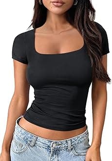 Double Lined Short Sleeve Tshirts for Women Square Neck Cute Crop Top Spring Summer Basic Tees Workout Going Out