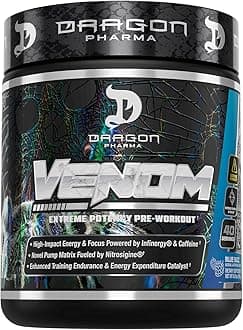 DRAGON PHARMA Venom Extreme Potency Pre-Workout, Laser Sharp Focus + Energy, Intense Performance, Proven Ingredients for Enhanced Vasodilation & Endurance (40 Servings, Blue Raspberry)