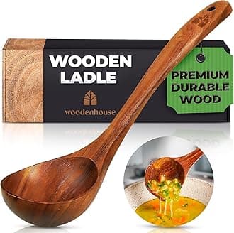 Wooden Ladle for Cooking, Soup Spoon Ladle – Teak Wooden Serving Spoon, 12.4″ Handle, Medium Scoop Size 2 oz – Eco Friendly, Natural and Sustainable