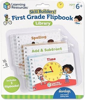 Learning Resources Skill Builders! First Grade Flipbook Library - Early Math and Spelling Activities for Kids, Time Skills, Classroom Must Haves, Montessori Teacher Supplies, Gifts for Boys and Girls