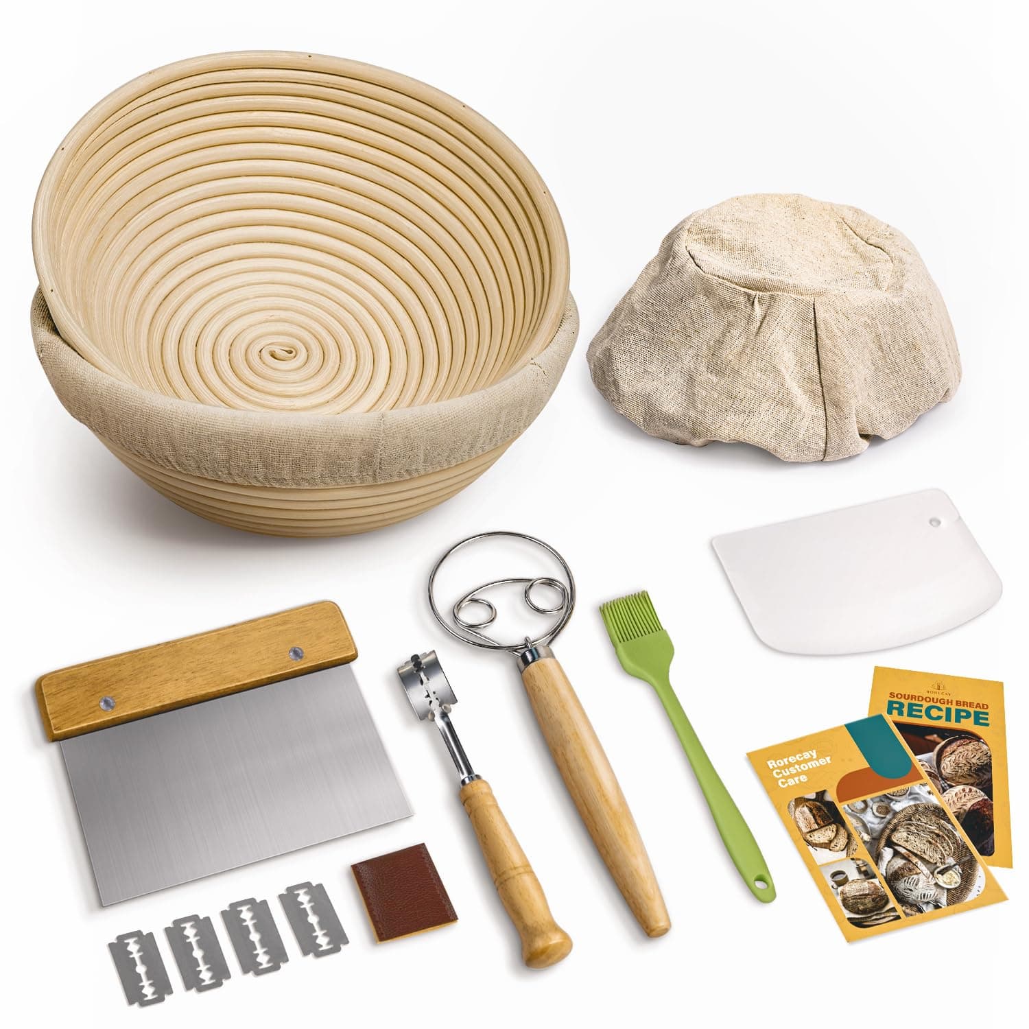 Rorecay Banneton Bread Proofing Baskets Set of 2, 9 Inch Round Cane Sourdough Bread Rising Basket Bowls with Sourdough Bread Making Tools Baking Supplies for Sour Dough Proofing Fermentation