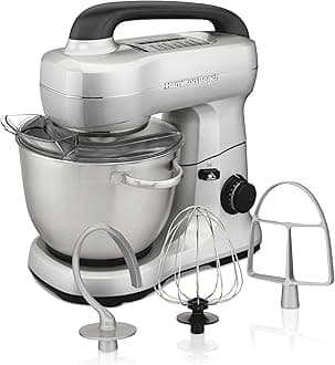 Electric Stand Mixer, 4 Quarts, Dough Hook, Flat Beater Attachments, Splash Guard, 7 Speeds with Whisk, Easy-Carry Top Handle, Silver