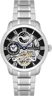 Mens 44mm Longitude Dual Time Automatic Skeleton Watch with 12 Hour Dual Time, Sun & Moon Display and Decorated Rotor