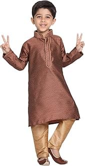 Boys' Full Sleeve Silk Blend Kurta Pyjama Set with Mandarin Collar, Featuring Ethnic Motifs, Self-Design, and Embellishments - Perfect for Festivals and Special Occasions