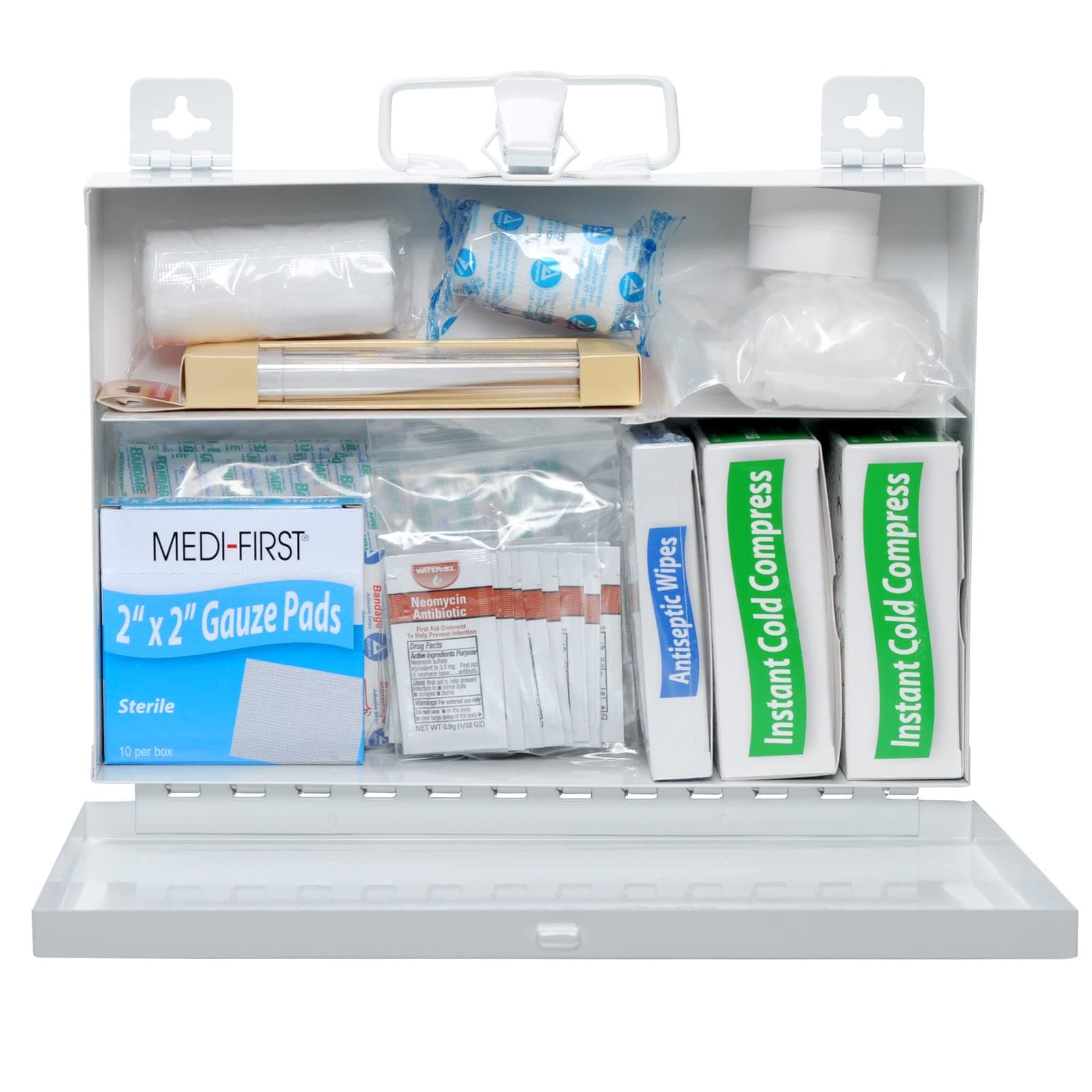 MFASCO Day Care & Schools First Aid Kit - Basic Supplies, Wall Mountable Metal Box, Compact with Carry Handle, Ideal for Classrooms, Gyms, Activity Rooms - 10 1/2 x 7 1/4 x 2 1/2 Inches