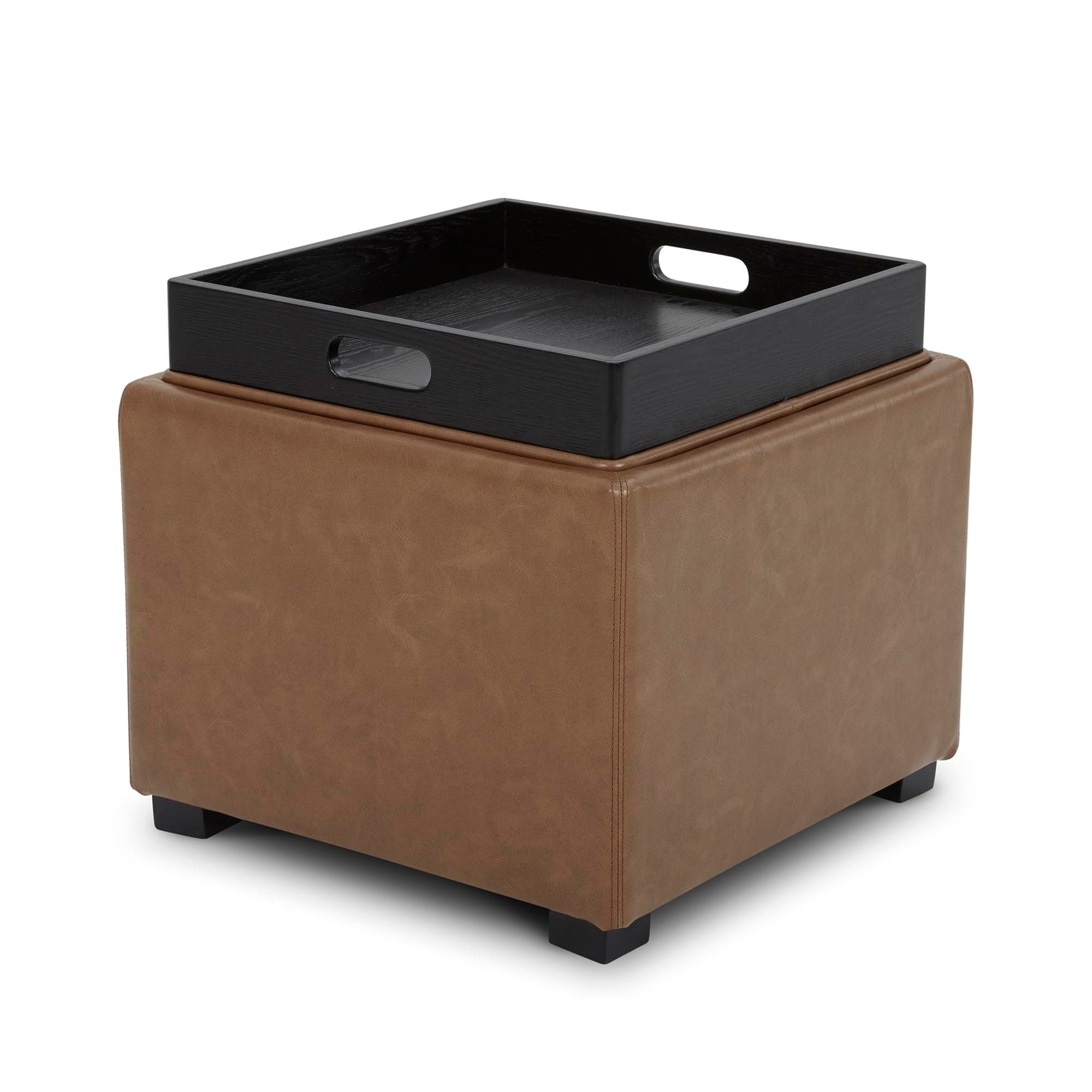 Storage Ottoman Cube with Tray Lid, Small Footstool with Storage, Square End Table for Living Room and Bedroom, Faux Leather in Saddle Brown