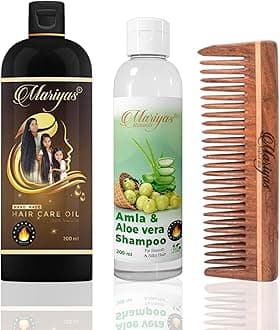 MARIYAS HERBAL HAIR CARE OIL | Mariyas Natural Hair Care Kit | Mariyas Hair Oil, 200Ml, Amla Aloevera Shampoo 200 Ml & Oil Treated Neem Wooden Comb (Wide Comb)