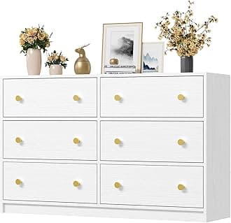 Nicehill Dresser for Bedroom with 6 Drawers, Fabric Storage Tower & Chest of Drawers Organizer, Storage Cabinet for Hallway, Closets, Living Room,White Dresser Wooden（White）