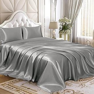 Homiest 4pcs Satin Sheets Set Luxury Silky Satin Bedding Set with Deep Pocket, 1 Fitted Sheet + 1 Flat Sheet + 2 Pillowcases (King Size, Light Grey)