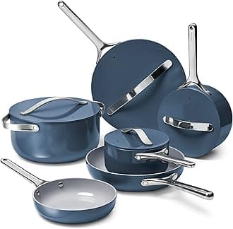 Deluxe Non-stick Ceramic Cookware Set (16 Piece) Pots, Frying Pans, Lids and Kitchen Storage - PFAS & PFOA Free - Oven Safe Pan Set & Compatible with All Stovetops - Navy