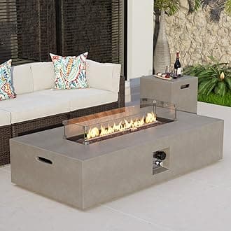 COSIEST 2-Piece Outdoor Propane Fire Table Set, Rectangle Concrete 56" x 28" Gray Fire Pit (Certified, 50,000 BTU) w 20lb Tank Table, Wind Guard, Waterproof Cover for Garden, Porch, Backyard