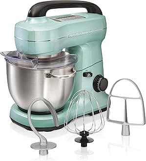 Hamilton Beach Electric Stand Mixer, 4 Quarts, Dough Hook, Flat Beater Attachments, Splash Guard, 7 Speeds with Whisk, Easy-Carry Top Handle, Aqua