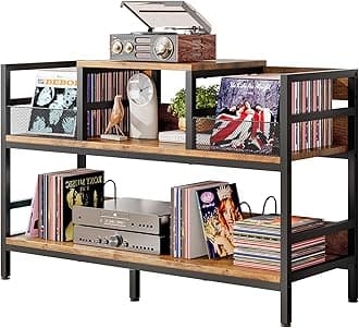 Record Player Stand, Vinyl Record Player Storage Cabinet Up to 350 Albums, Turntable Stand Record Player Table with 4 Dividers, Record Holder for Living Room Bedroom (Vintage Brown)