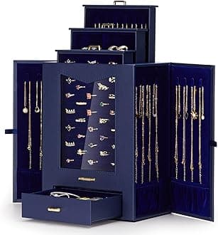 HomdeJewelry Organizer with Transparent Window Necklace Hooks Gift for Women Jewelry Box Display Case for Necklaces Rings Earrings Bracelets and Other Jewelry Accessories (Dark Blue)