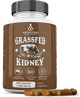 Grass Fed Beef Kidney Supplement, 3000mg, DAO Enzyme Supplement, Kidney Support for Urinary and Histamine Health, Selenium, B12, Non GMO, 180 Capsules