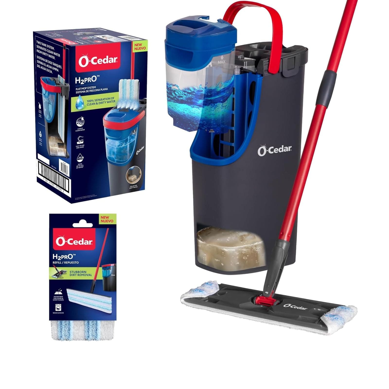 H2prO Flat Mop System with 1 Mop Head Refill | Quick Cleaning Tool | Clean with Clean Water | Machine Washable Reusable Microfiber Mop Pad | Safe on Wood Floors, Vinyl, Tile, Baseboards, Walls