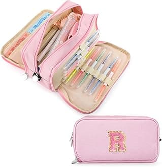 Extra Large Capacity Pencil Case 3 Compartment Initial Pencil Pouch Personalized Cute Aesthetic Stationery Pen Case Bag for School Teen Girl Boy Men Women Gift (R, Pink)