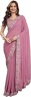 Women's Georgette Lakhanvi Embroidery with Sequence Moti work Women Saree