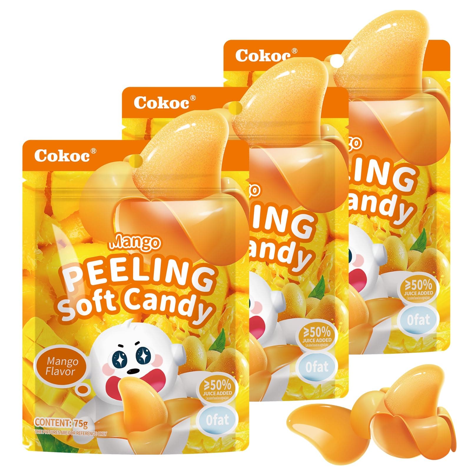 COKOC Peelable Gummies Mango,Peeling Gummies Mango Candy,Individual Packaging 2.64oz Bag Fruit Peelable Candy(Pack of 3) Easter Candy Bag