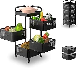Rotating Kitchen Storage Rack No Assembly, Bathroom Shelf, Organizers and Storage Cart for Fruit Vegetable Grocery Corns Potato Onion(Black, 4-Tier Square)